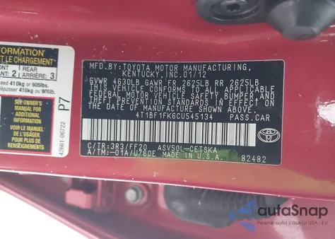 2012 Toyota Camry Se из США, поврежденный, VIN 4T1BF1FK6CU545134